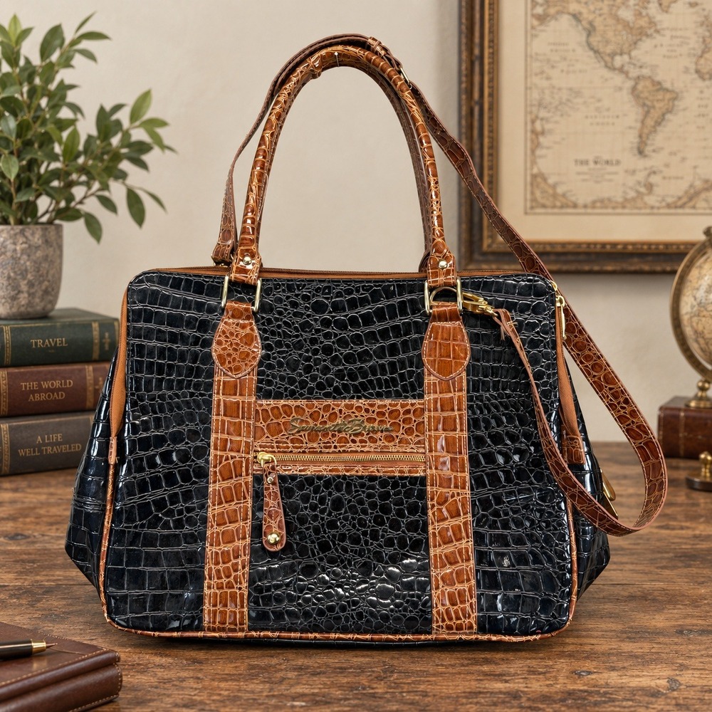 Samantha Brown Satchel Bag Women Black Brown Faux Crock Leather Carry On